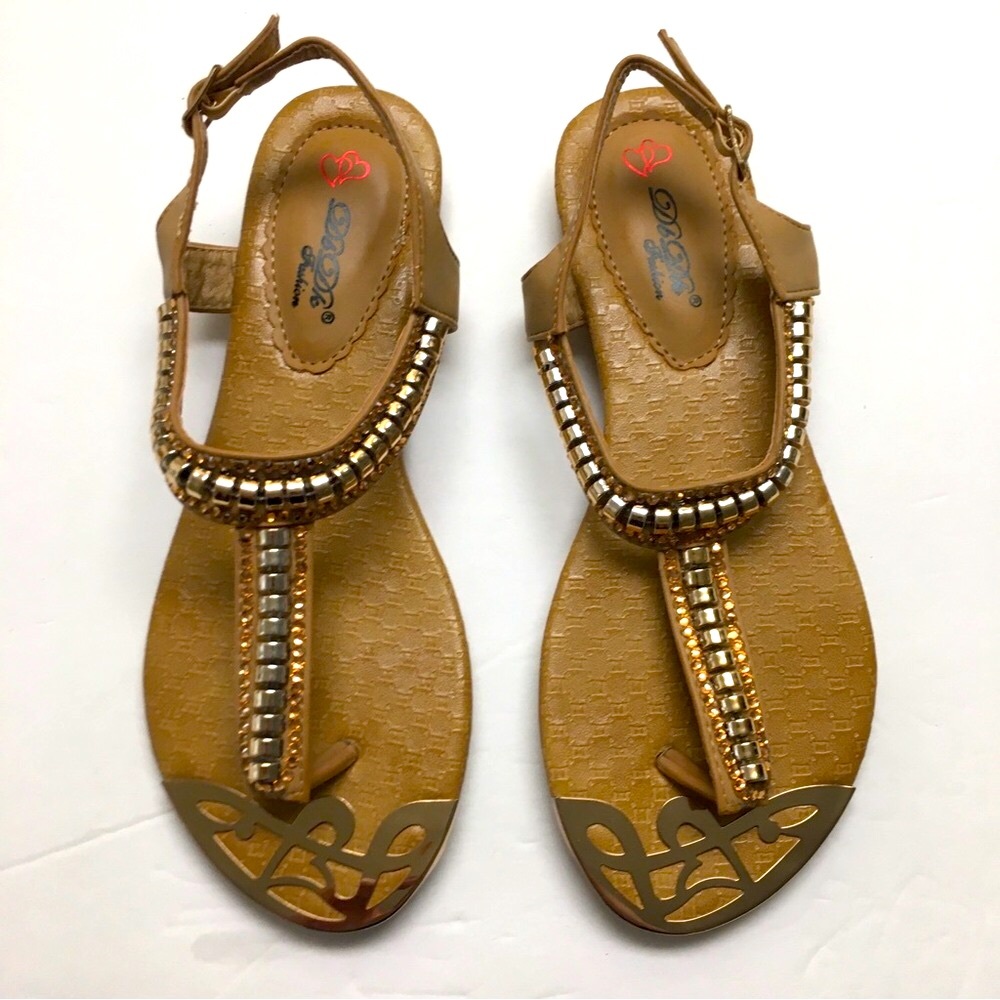 NEW Bohemian Sandals 7 Studded Beaded Rhinestones Slingback Open Toe Tan Gold